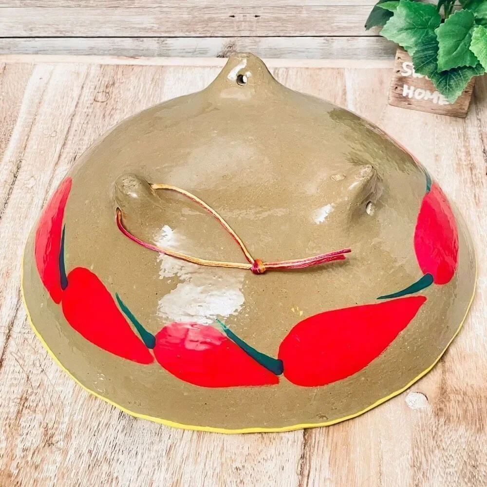 NWT Mexican Pottery Art 9.5” Hand Painted Footed Yellow Chili Pepper Salsa Bowl